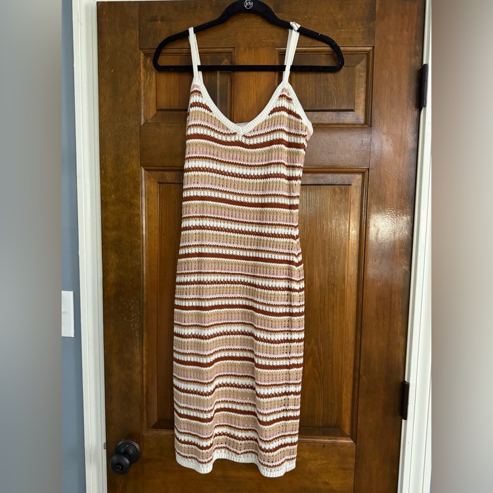 Pink Rose and Brown Multicolor Striped Midi Dress